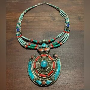 925 Silver Tibetan Turquoise & Coral Multi-Strand Pendant Necklace